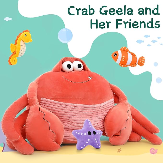4Pcs Giant Crab Plush Toy Set, 43.3" Weighted Crab Stuffed Animal with 3 Small Cute Stuffed Sea Animal, Seahorse Starfish Clownfish Plushies Gift for Kids, Under The Ocean Party Favor, Red