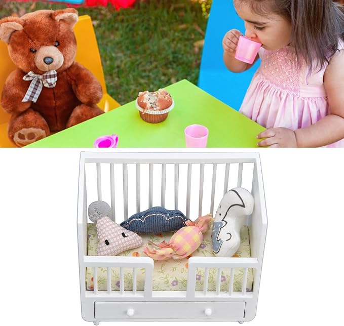 1/12 Miniature Wooden Crib & Cradle Bed - Baby Doll Nursery Furniture Accessories - DIY Miniature Dollhouse Bed