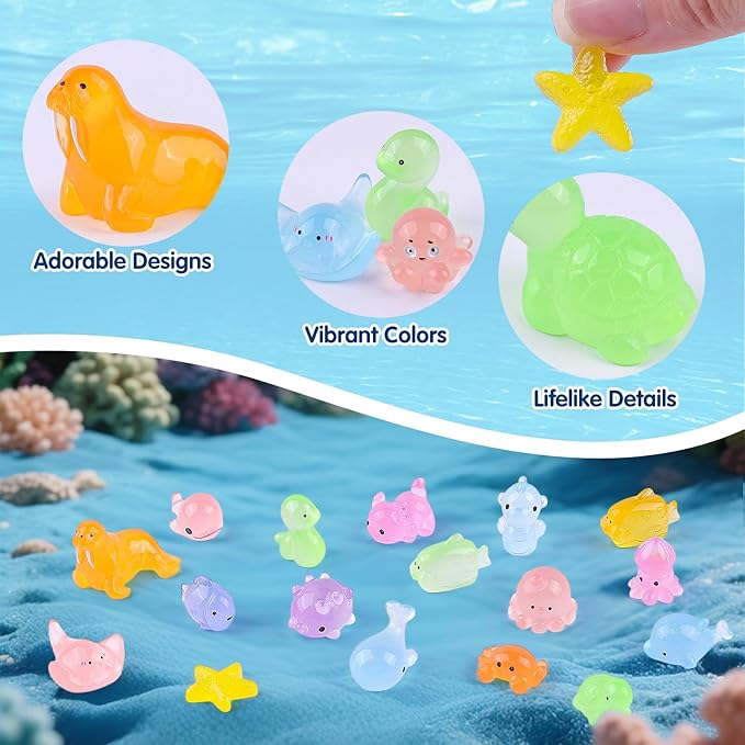 40 Pcs Mini Sea Resin Animals, 40 Styles Luminous Ocean Resin Animals Glow in The Dark Tiny Sea Miniature Figures for Fairy Garden Landscape Dollhouse Accessories Hide Crafts Decor
