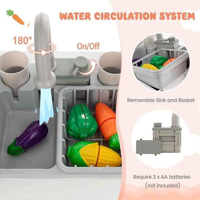 INFANS Corner Kids Kitchen Playset, Toddler Wooden Pretend Cooking Set with Real Running Water Circulation Realistic Light Sound Stove Storage Cabinet Removable Sink Simulation Play Kitchen Toy