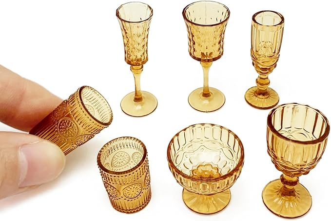 PRETTYLIFE 7PCS Miniature Dollhouse Cups Mini Ice Cream Wine Glass Water Drink Cups Set for DIY 1:6 Miniature Kitchen Accessories Micro Scene Decor (Brown)