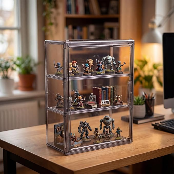 2 Pcs Clear Acrylic Display Case 3 Tier Display Shelf Storage Boxes Cabinet Organizer with Magnetic Door for Figures Toys (Gray)