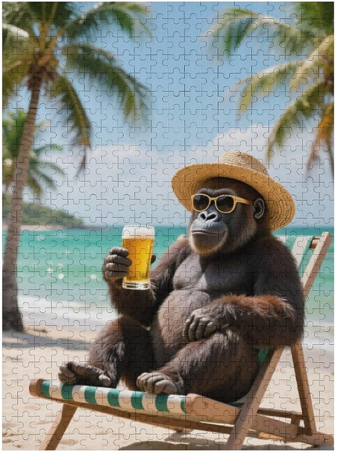 Summer Gorilla – 1000 Piece Wildlife Wooden Jigsaw Puzzle, Cheerful Summer Gorilla Scene, Mind Exercise, Fun Family Activity