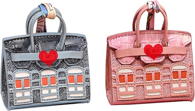 Buyborgood Women's 2 PCS Mini Tote Bag Charms Keychain Pouch Small Coin Purse Wallet (Peacock Blue + Pink)