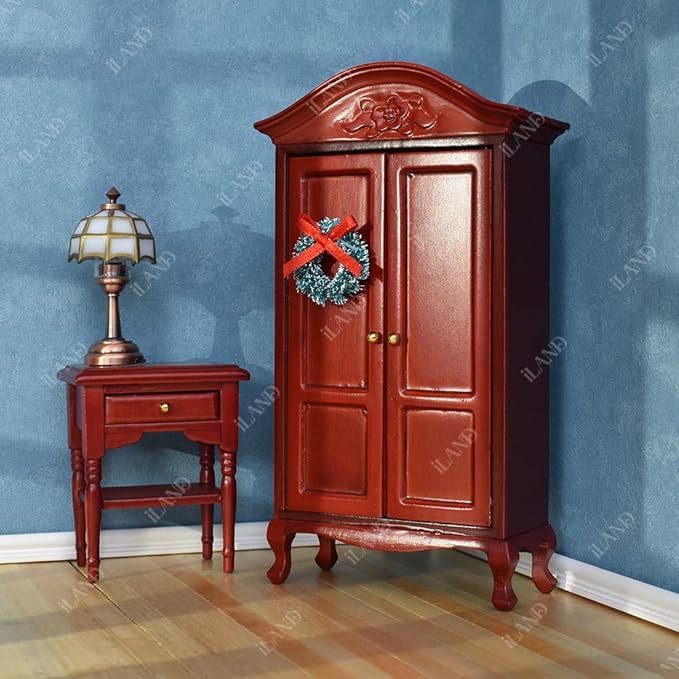 iLAND Wooden Dollhouse Furniture 1/12 Scale, Dollhouse Bedroom Furniture in Mahogany Color incl Dollhouse Bed & Dressing Table & Wardrobe (Classical Miniature Furniture 6pcs)