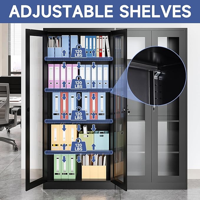 Display Cabinet with Glass Doors, Display Case Cabinet for Collectibles, Curio Display Cabinet with 4 Adjustable Shelves, 71"" Glass Display Cabinet for Home Office (Black), MSC-0818
