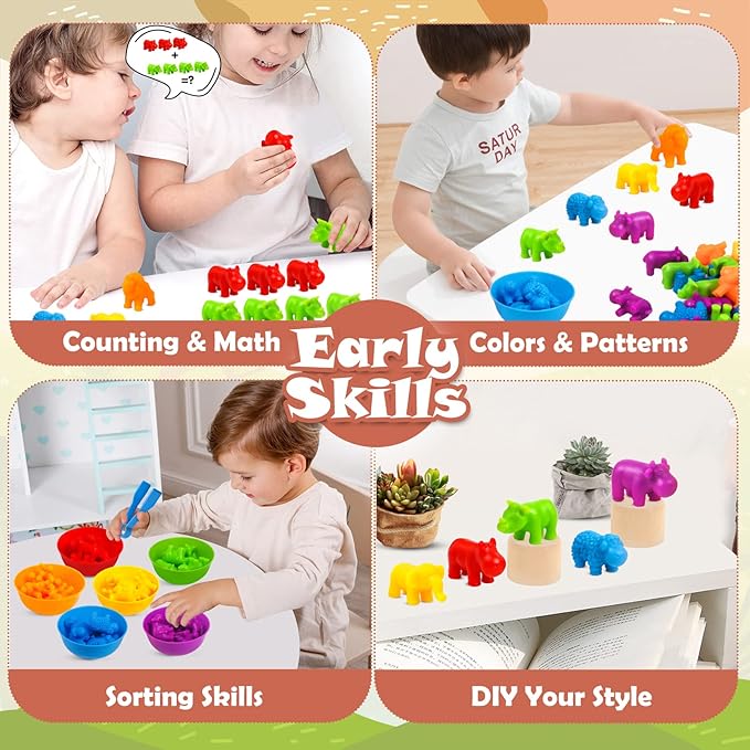 Counting Animals Toys Matching Game with Sorting Bowls Preschool Learning Activities Montessori Sensory Toy for Math Color Sorting, Party Favors Birthday New Year Gifts for Kids Toddlers