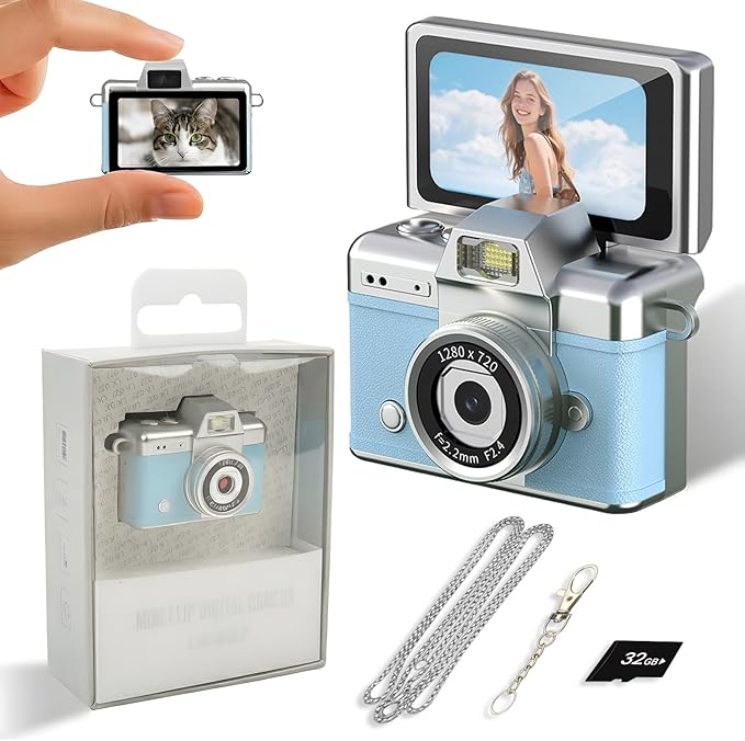 Mini Keychain Camera,2K Retro Digital Camera with 1.47‘’ Flip Screen & Built-in Flash for Selfies - Includes 32GB SD Card, Strap - Perfect for Travel, Concert, Vlogging