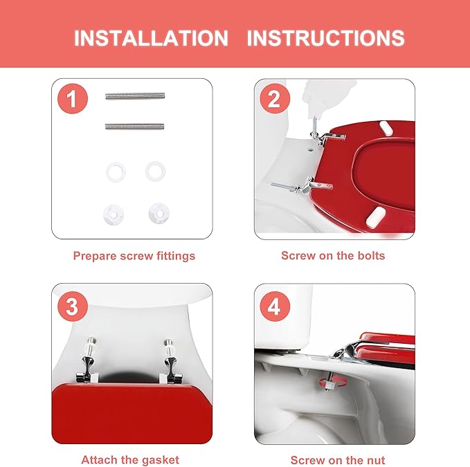 Red Elongated Toilet Seat Natural Wood Toilet Seat with Zinc Alloy Hinges, Easy to Install also Easy to Clean, Scratch Resistant Toilet Seat by Angol Shiold (Elongated, Red)