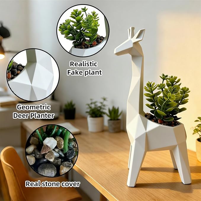 Ordbuum 2PCS White Mini Succulents Plants Artificial with Giraffe Shaped Pots,Small Indoor Fakeplants for Shelves and Bathroom, Cute Desk Plants for Office