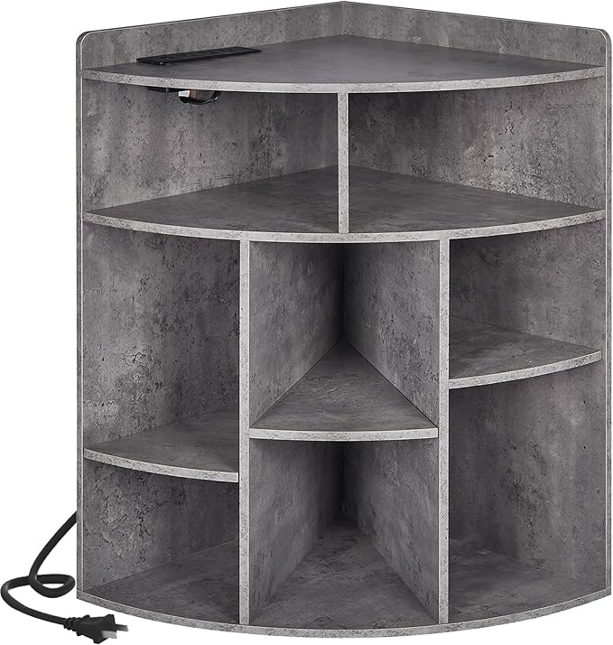 VECELO Corner Cube Shelf with USB Ports & Outlets, Modern Corner Toy Storage Rack with Adjustable Shlef, Wooden Display Bookshelf Bookcase for Living Room, Bedroom, Dining Room, Kitchen, Gray
