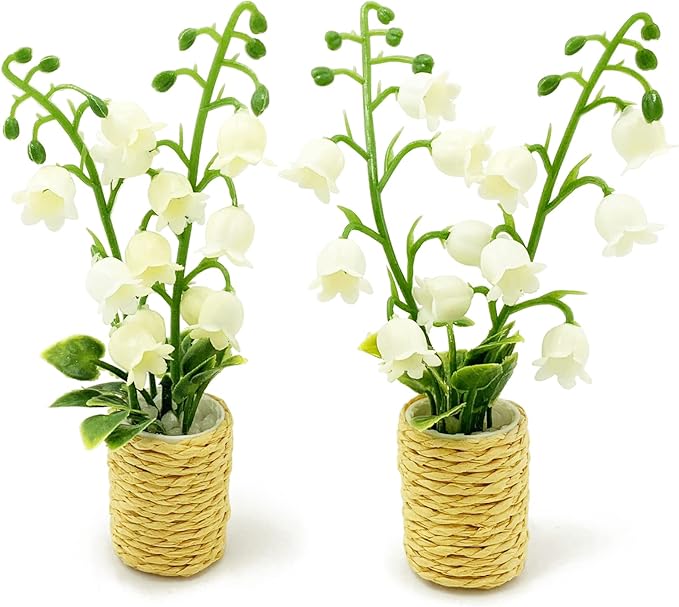 2Pieces Miniature Potted Plants Flowers Artificial Lily of The Valley Basket Bonsai for 1:12 Mini Dollhouse Scene Model Micro Landscape Decoration