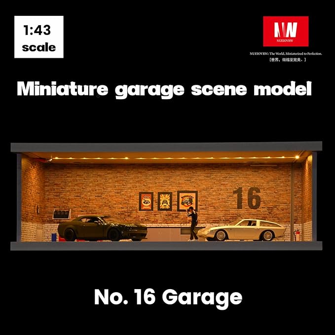 1/43 Diorama Display Case with Tri-Colour Dimmable Lighting, Fits for Hot Wheel Matchbox Mini GT Diecast Cars Model,1:43 Car Garage Parking Lot Scene Display Storage (No.16 Garage)