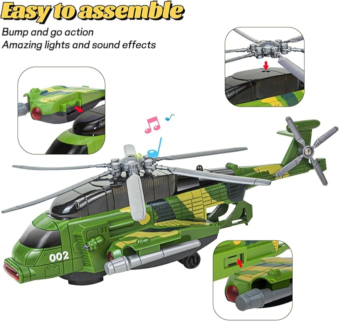 Helicopter Toy for Kids 3-5 6 7, Army Military Toy Helicopters with Lights and Music for Toddlers Birthday Easter Gifts, Bump and Go Airplane Toys for Boys Girls 3 4 5 6 7 Years Olds