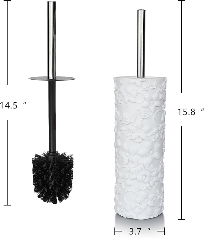 Indecor Home White Floral Design Resin Toilet Bowl Holder and Brush Set, Stylish Bathroom Cleaning Tool with Durable Bristles, Compact and Functional