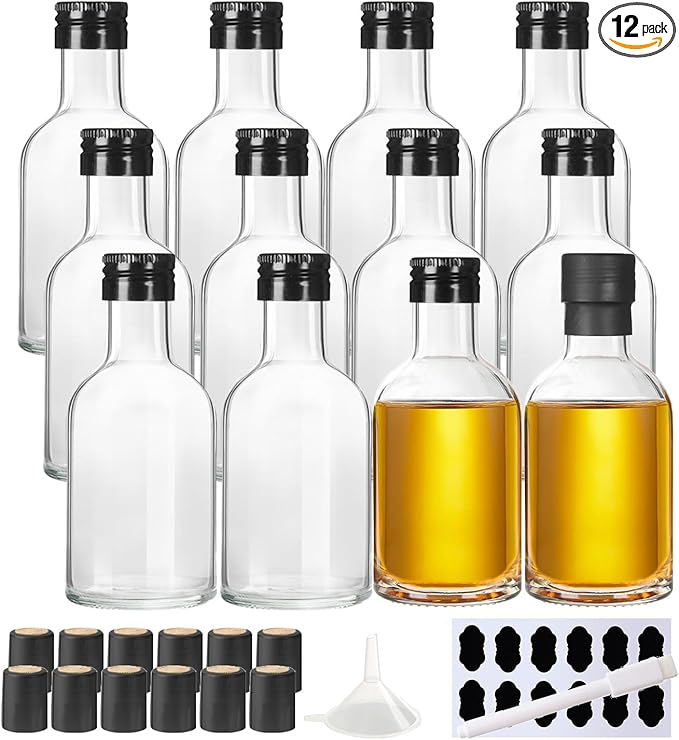 BPFY 12 Pack 3 oz Glass Small Liquor Bottles with Black Screw Caps and Heat Shrink Capsules, Empty Mini Alcohol Bottle, Whiskey Sample Bottles for Wine, Alcohol, Tequila, Bourbon