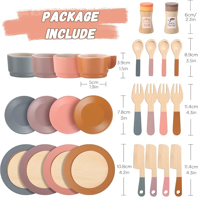 GAGAKU Wooden Dishes Kids Play Dish Set - Wood Plates Set for Toddler Montessori Wooden Kitchen Toys