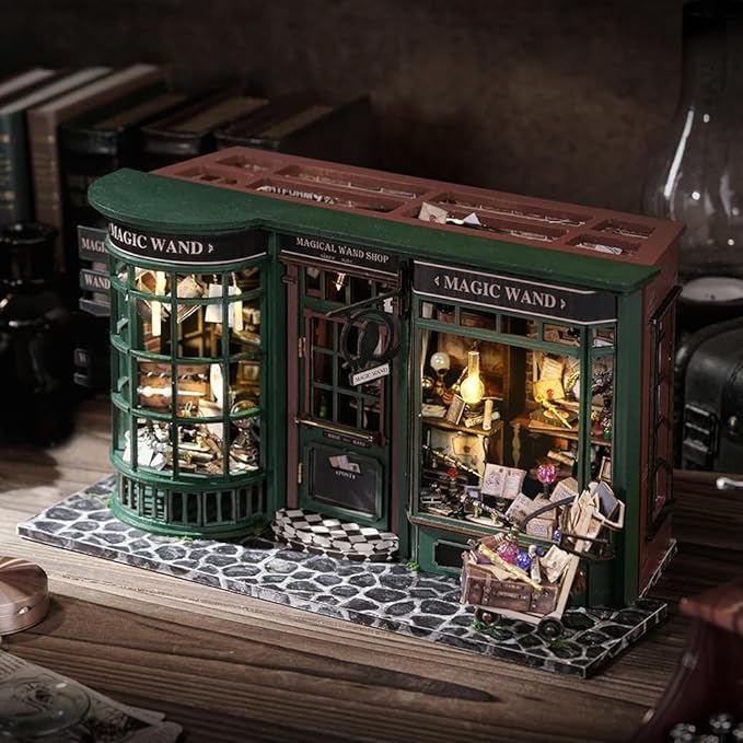 Hullisun DIY Book Nook Kit Expandable Miniature Dollhouse Kit, Retro European Magic House Bookshelf Insert Model with LED Light, Bookend Building Set 3D Wooden Puzzle for Adult Birthday Gift Women Men