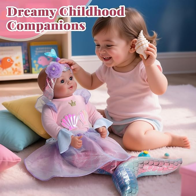 BABESIDE Mermaid Baby Doll Girl, 15-Inch Realistic Soft Baby Dolls with Shiny Mermaid Tail & Accessories, Cute Mermaid Toys for Girls Ages 3-10 Kids, Christmas, Birthday