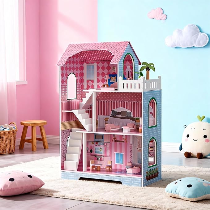 3-Tier Large Wooden Dollhouse with Furniture Set, Modern Kids Playhouse with Roof Window for 5-Inch Dolls, Creative Educational Toy for Girls Boys Ages 3 4 5+ for Imagination & Role-Play Games