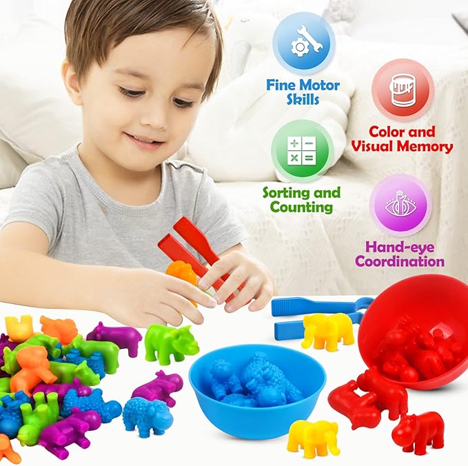 Counting Animals Toys Matching Game with Sorting Bowls Preschool Learning Activities Montessori Sensory Toy for Math Color Sorting, Party Favors Birthday New Year Gifts for Kids Toddlers