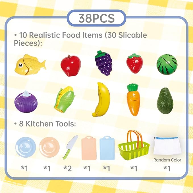 Pretend Play Food for Kids Kitchen - 38Pc Pretend Play Kitchen Accessories, Toys Play Food Set for Toddlers, Cutting Food Toys Veggies, Fruits, Food, Boys Girls Gift for Christmas