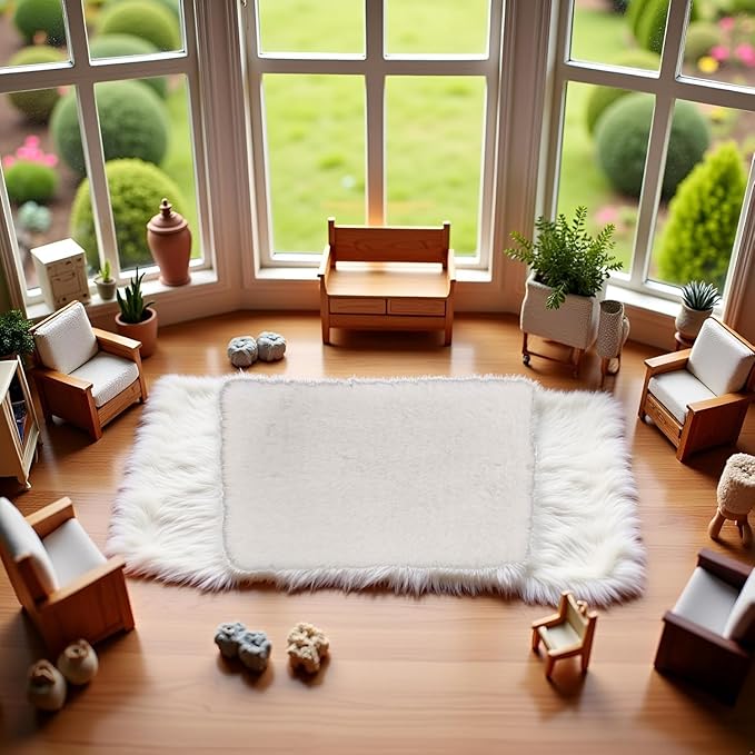 Miniature Square White Rug, Soft Carpet Decor for 1/12 Scale Dollhouses, Lightweight and Decorative Accessory for Doll House Interiors