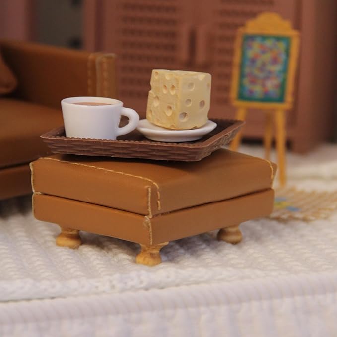 Funky Mini House Miniature Dollhouse Leather Sofa Set, 1:12 Scale Single Couch with Footstool & Pillow for Living Room Gift for Dollhouse Enthusiasts, Collectors & DIY Craft Lovers (Brown)