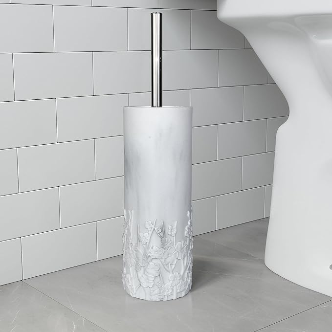 Indecor Home Marble Cherry Blossom Design Resin Toilet Brush and Holder Set for Bathroom, Stylish Design with Durable Bristles and Compact Storage