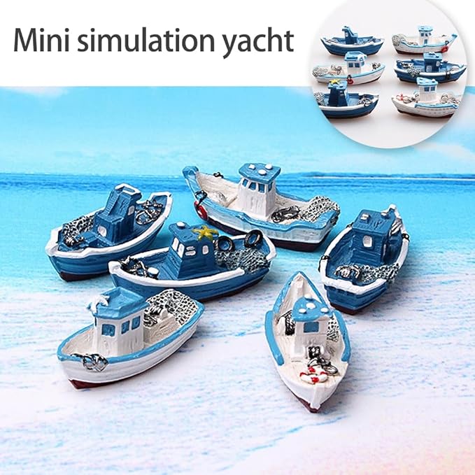 6 Pcs Miniature Fishing Boats Set - Vintage Mediterranean Style for Dollhouse, Fairy Garden & Micro Landscape Decor Perfect for Ocean, Beach & Sea Themes