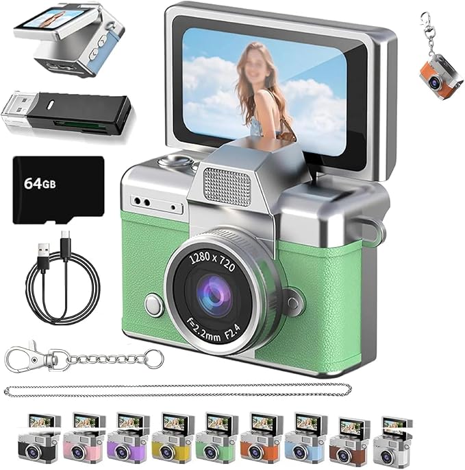 Thumb-Sized Flip Screen Mini Camera, Mini Keychain Digital Camera, Flip Screen Mini Camera with Built-in Flash & Flip Display, 64GB Memory, Portable Keychain Camera for Travel & Daily Use (1, Green)