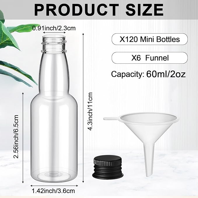 120 Pcs Mini Liquor Bottles Airtight Shot Miniature Empty Plastic Alcohol Spirit Shot Bottles with Funnels for Party Favors, Weddings(2 oz,Black)