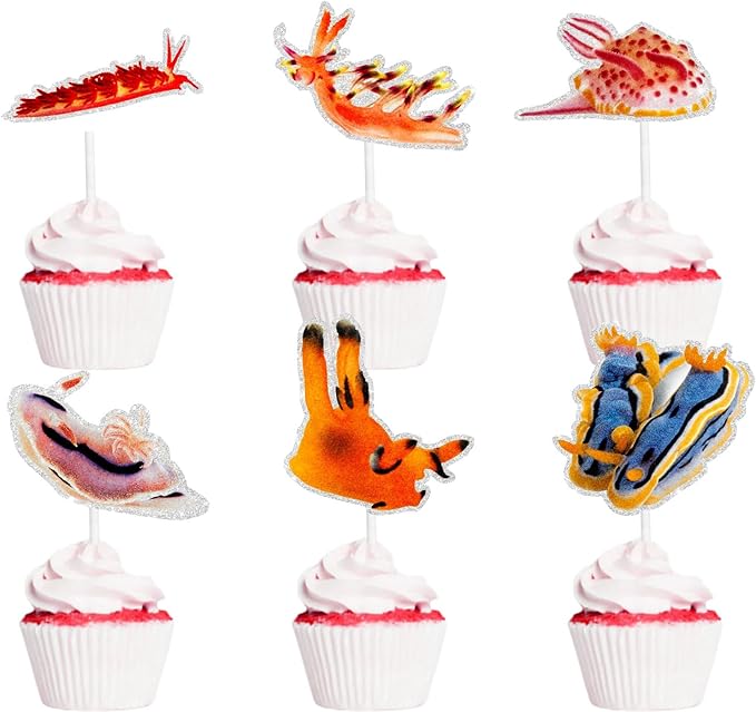 18-Pcs Mollusk Cupcake Toppers Sea Slug Themed Happy Birthday Decorations, Perfect Nudibranch Decorations for Boys or Girls Ocean Themed Birthday Party, Mollusk Party and Baby Shower. SugarGera