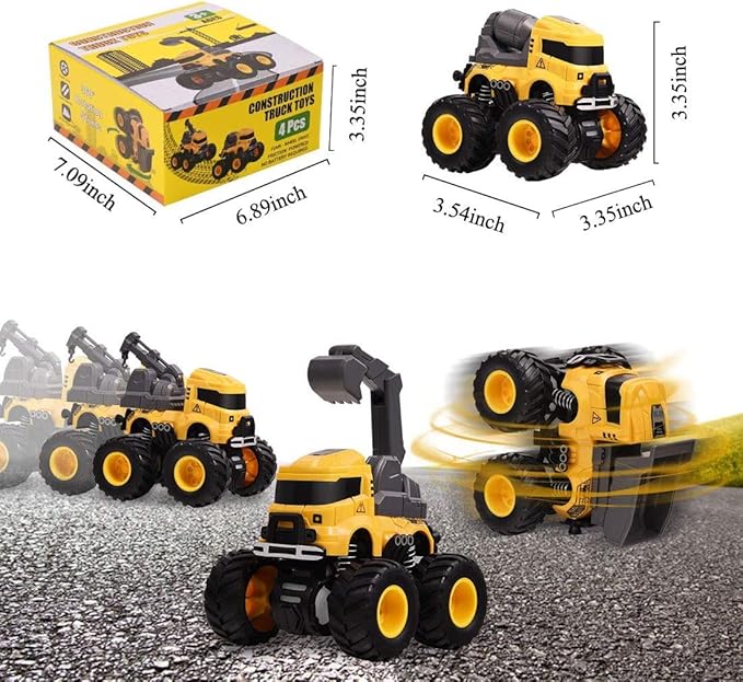Construction Truck Toys, Push and Go Toy Trucks for Toddlers Kids Age 3-8, 4 Pack Friction Powered Car Toys Include Crane Mixer Excavator Dump Truck Best Christmas Birthday Gift for Boys Girls