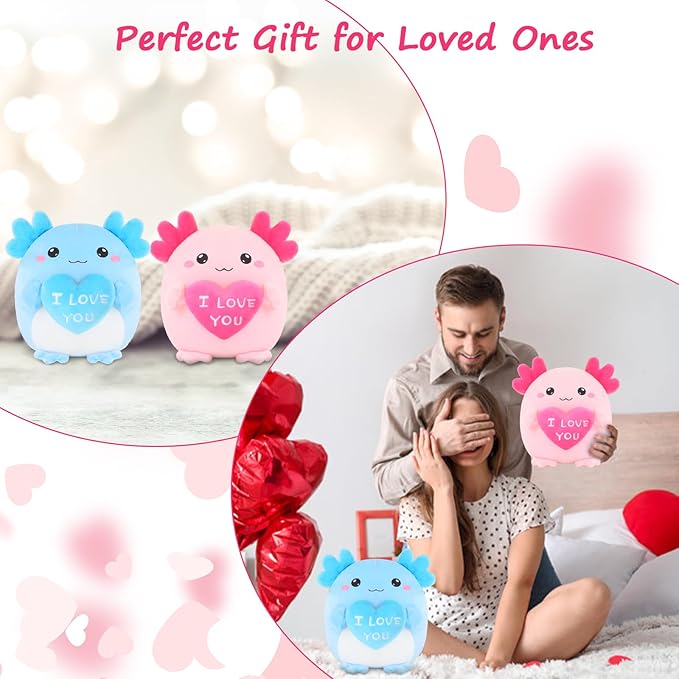 Axolotl Stuffed Animal, Loving Axolotl Plush Toys with Holding Heart I Love You for Valentine's Day, Sweet Romantic Anniversary Birthday Gift for Girlfriend/Boyfriend(Pink,10 inch)