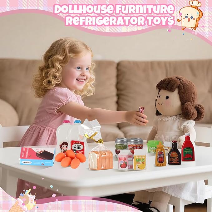 Mini Refrigerator Toy, Fill The Fridge with Ice Cream, Juice & 40+ Mini Food Toys for Dollhouse Accessories & Kitchen Playset. Realistic Refrigerator Play Gift for Kids.