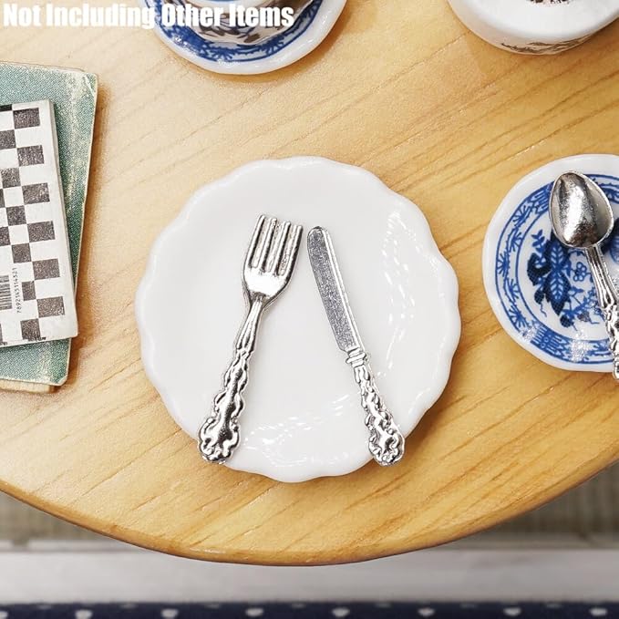 Odoria 1/12 Miniature Porcelain Tea Set Plates and Silverware Kitchen Utensils Dollhouse Accessories, Blue Lotus