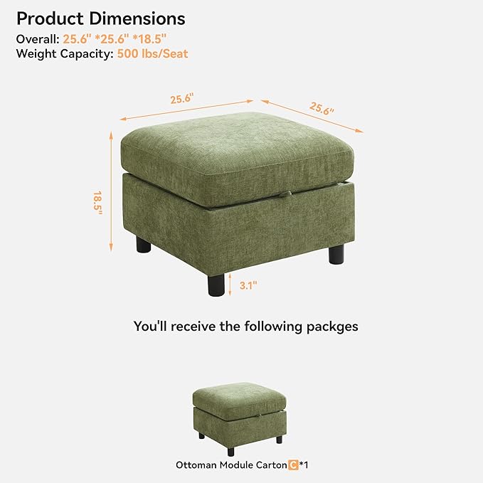 25" Square Storage Ottoman for Modular Sectional Sofa, Convertible Couch Footrest with Hidden Compartment, Chenille Upholstered Coffee Table & Extra Living Room Seating, Green