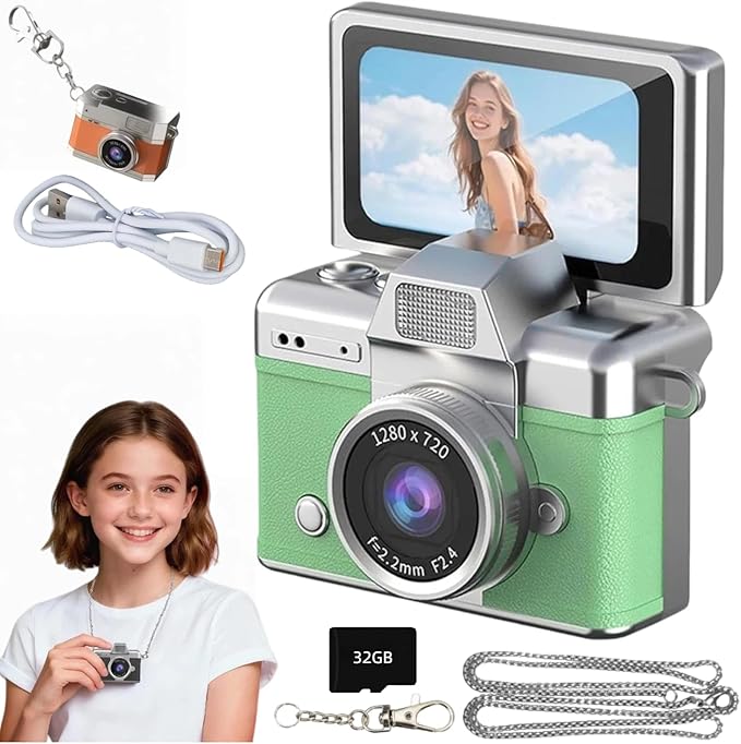 Mini Digital Camera Keychain Retro Mini Digital Video Camera Small 1080P FHD Recording with 0.96" IPS Screen with 6 Retro Filters AVI Format-Ideal for Phone Transfer (32GB, Green)
