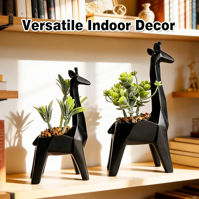 Ordbuum 2PCS Black Mini Succulents Plants Artificial with Giraffe Shaped Pots,Small Indoor Fakeplants for Shelves and Bathroom, Mini Desk Plants for Office