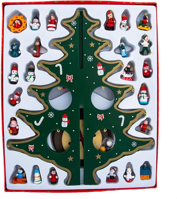 Kurt Adler Advent Calendar Christmas Tree with 24 Miniature Wooden Ornaments, Multi Color 11.75in.