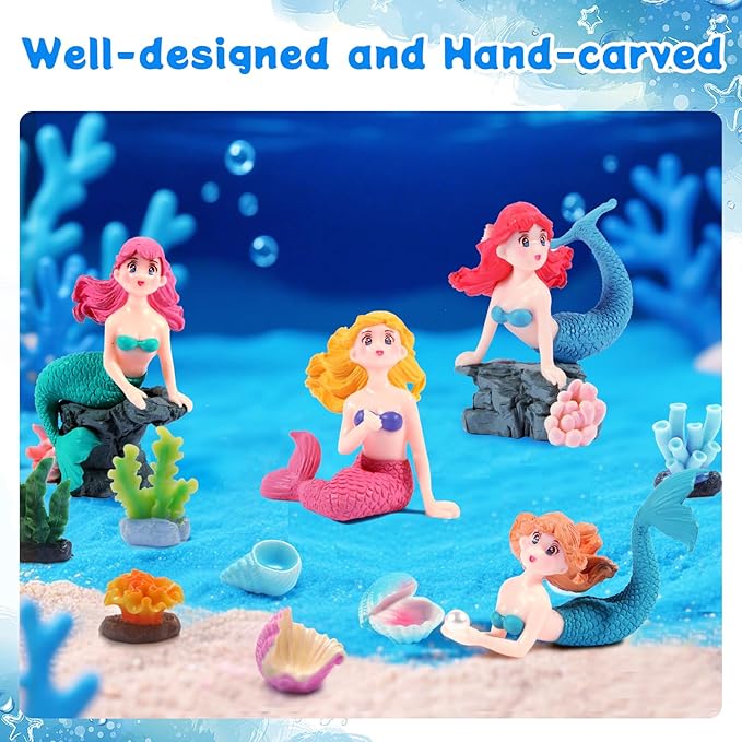 20pcs Mini Mermaid Figurines Aquarium Decorations Set with Coral and Shell Ornaments, Mini Ocean Resin Animals for Fish Tank Aquarium