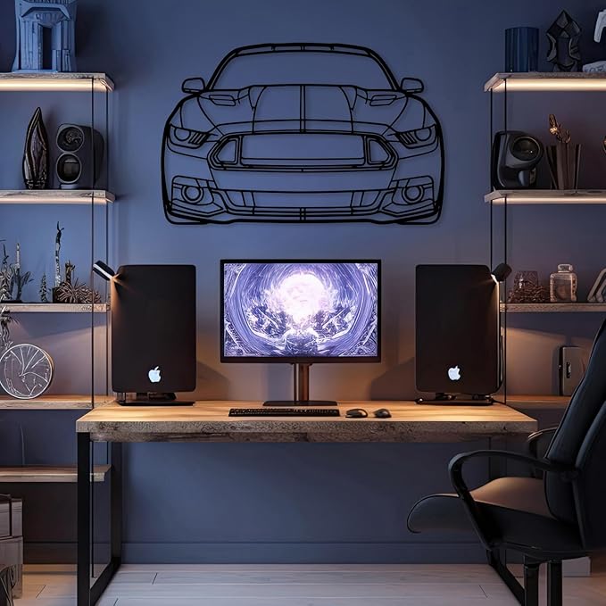DecoSoul Mustang Metal Car Wall Art, Sports Car, Automotive Silhouette Line Decoration, Minimalist Sculpture for Garage, Indoor Outdoor Wall Hanging, Gift for Boyfriend (Black - 20 x 5.5” inch)