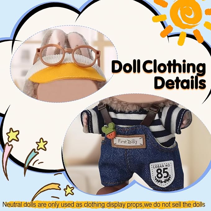17cm Doll Clothes(NO Doll), Cute Dolls Outfit Accessories with Hat + Glasses + Striped Top + Suspenders Pants + Shoes, Small Kawaii Clothes Set for Dolls(Style 1)