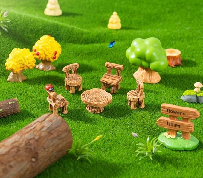 7 Pcs Miniature Fox Figurines with Realistic Tree Round Table and Chairs - Forest Theme Resin Fairy Garden Furniture Set for Dollhouse Accessories, Micro Landscapes, DIY Crafts & Home Decorations