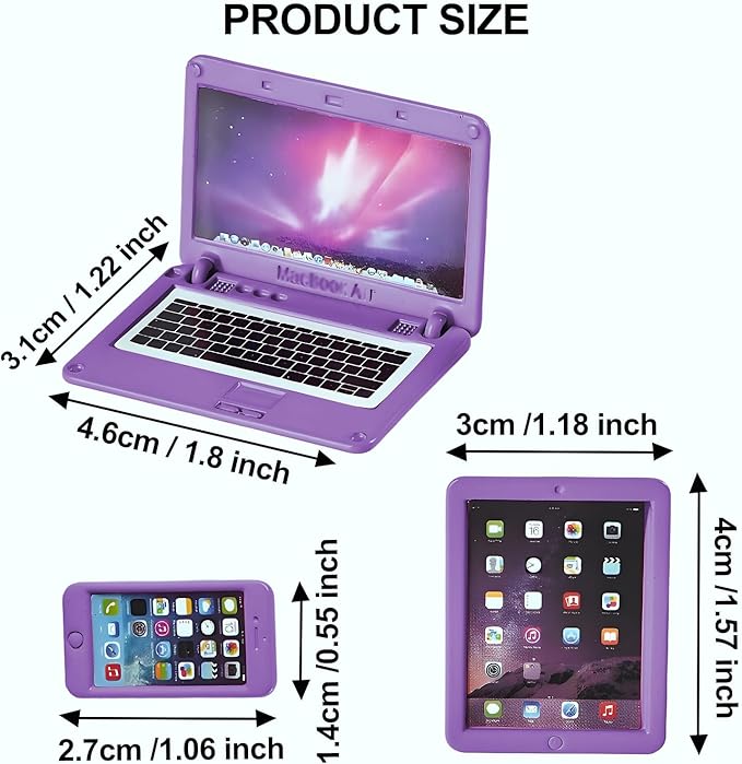 3 Pcs Dollhouse Furniture Accessories Laptop, 1:12 Scale 1:6 Simulation Miniature Phone Tablet Mini Stuff Things for Doll (Purple)