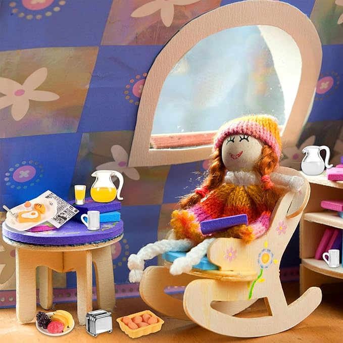 simarro Miniature Dollhouse Breakfast Accessories, 46 Pcs 1:12 Scale Mini Toast Machine Bread Milk Eggs Cups Fruits Plates Fork Spoons Drink for Dollhouse Kitchen Scene and Cake Topper Decor