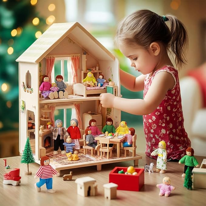 Skylety 20 Pcs Wooden Dollhouse Family Set of 16 Mini People Figures and 4 Pets, Wooden Dollhouse Dolls Cosplay Family Figures Accessories for Pretend Toy(Traditional Style)