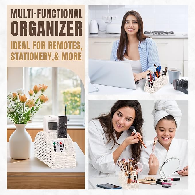 5-Compartment Remote Control Holder – Synthetic Rattan Organizer for TV Remotes, Makeup Brushes, Office Supplies, Stylish Wicker Desk Caddy for Living Room, Bedroom, Office, Patent Pending (White)