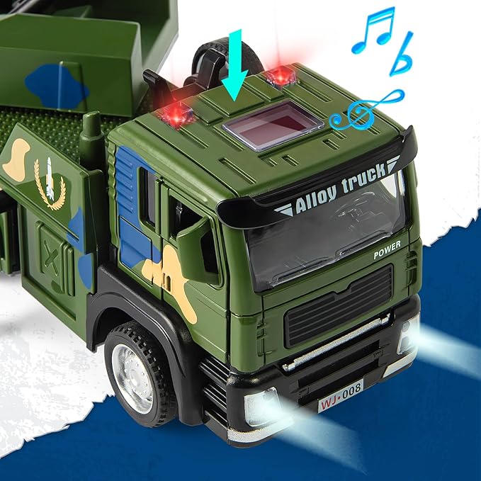 Military Missile Launch Truck Toy, with Lights Sounds and Pull Back Army Car, Alloy Die-cast Simulated Combat Vehicle Model Toy for Kids Age 3-6